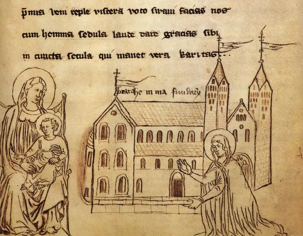 Hemma dedicates the cathedral to the patroness of the church, Mary (Legenda Beatae Hemmae, 14th century CE.)