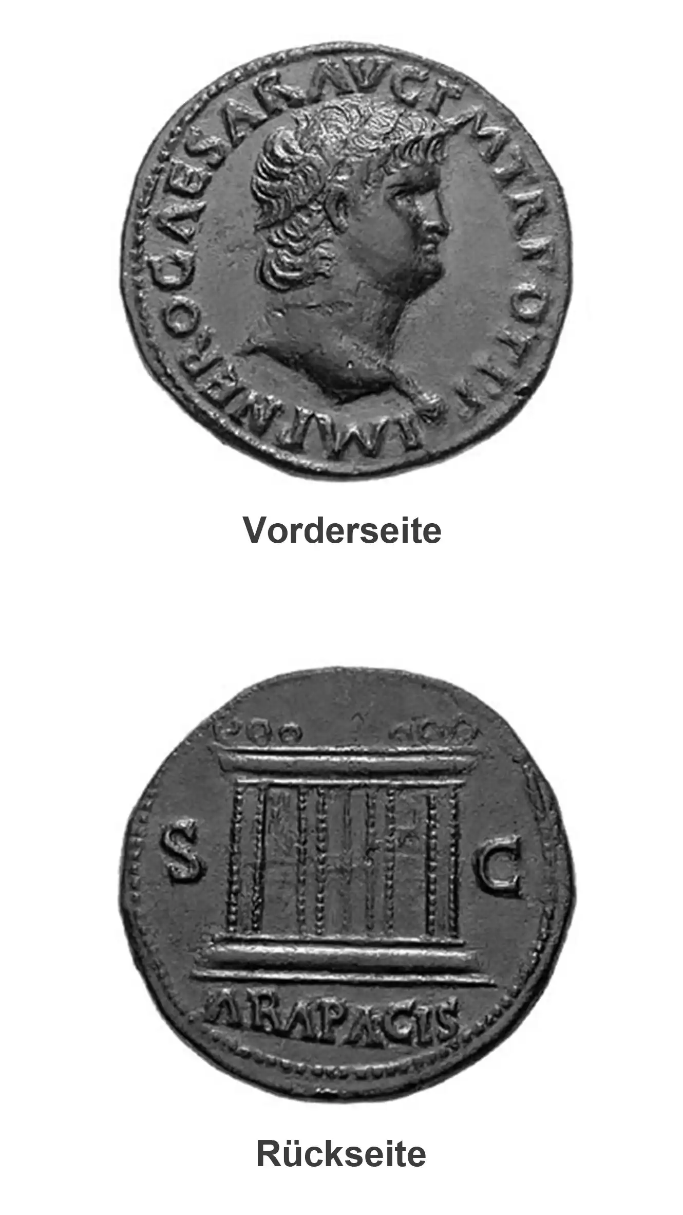 Römisches As mit dem Büstenbild von Nero auf der Vorderseite
