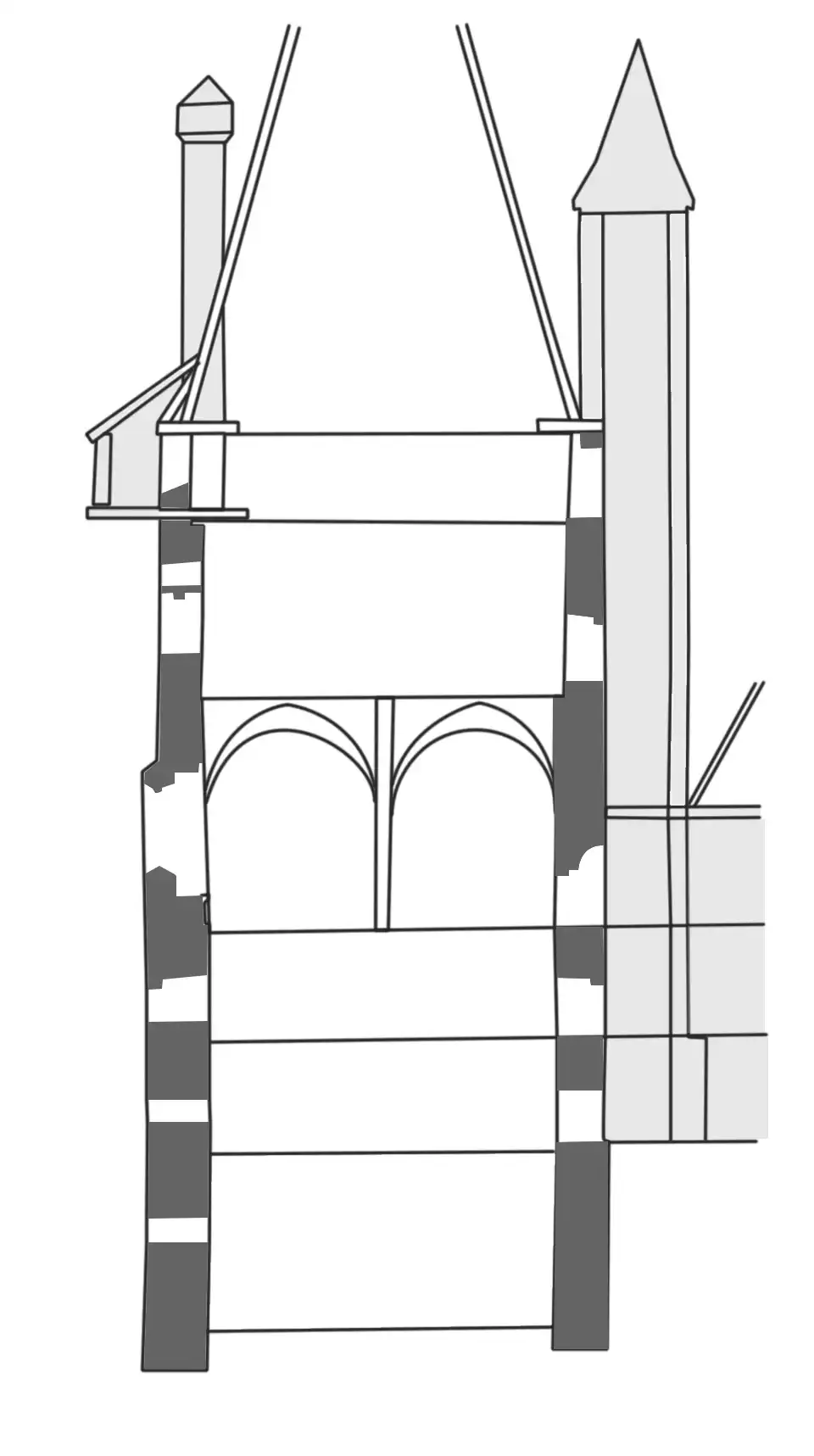The grey shaded areas have not survived.